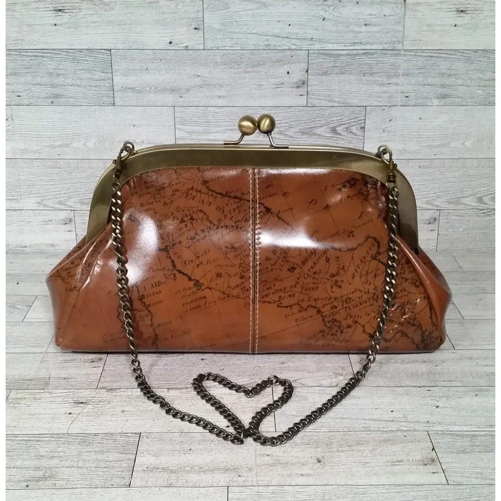 Patricia Nash Mia Leather Shoulder Bag Map Design Framed Satchel Kisslock Brown